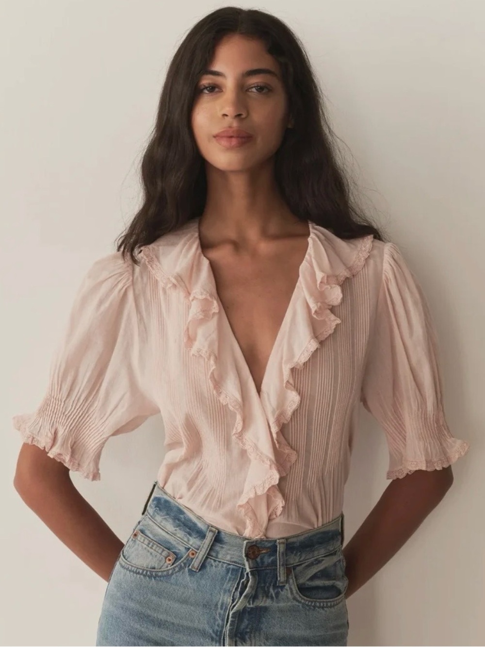 Doen Soft Blush Ruffled V-Neck Blouse